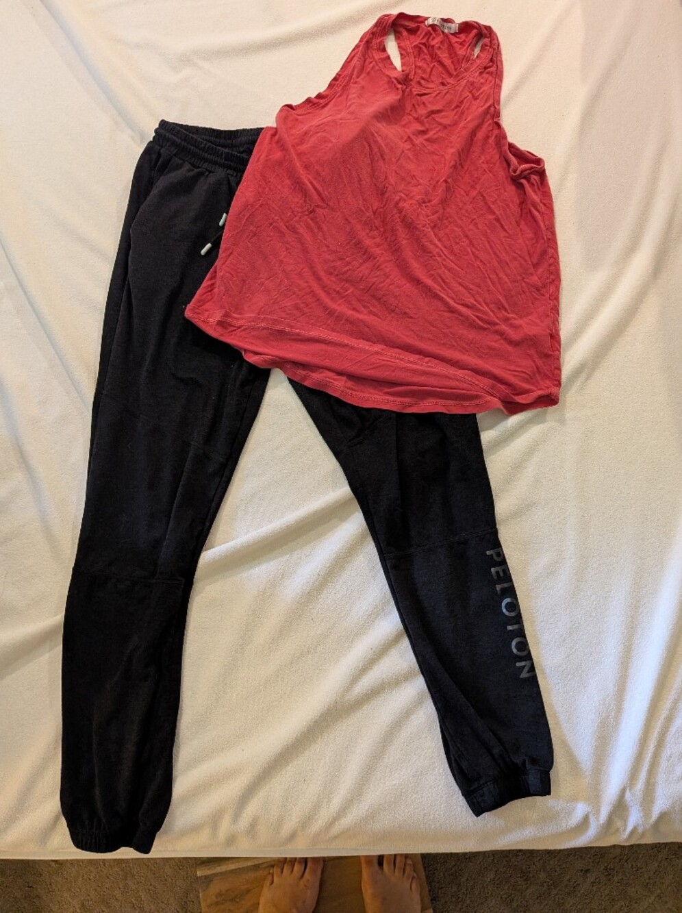Peloton Charcoal Joggers with Coral-Red Tank
